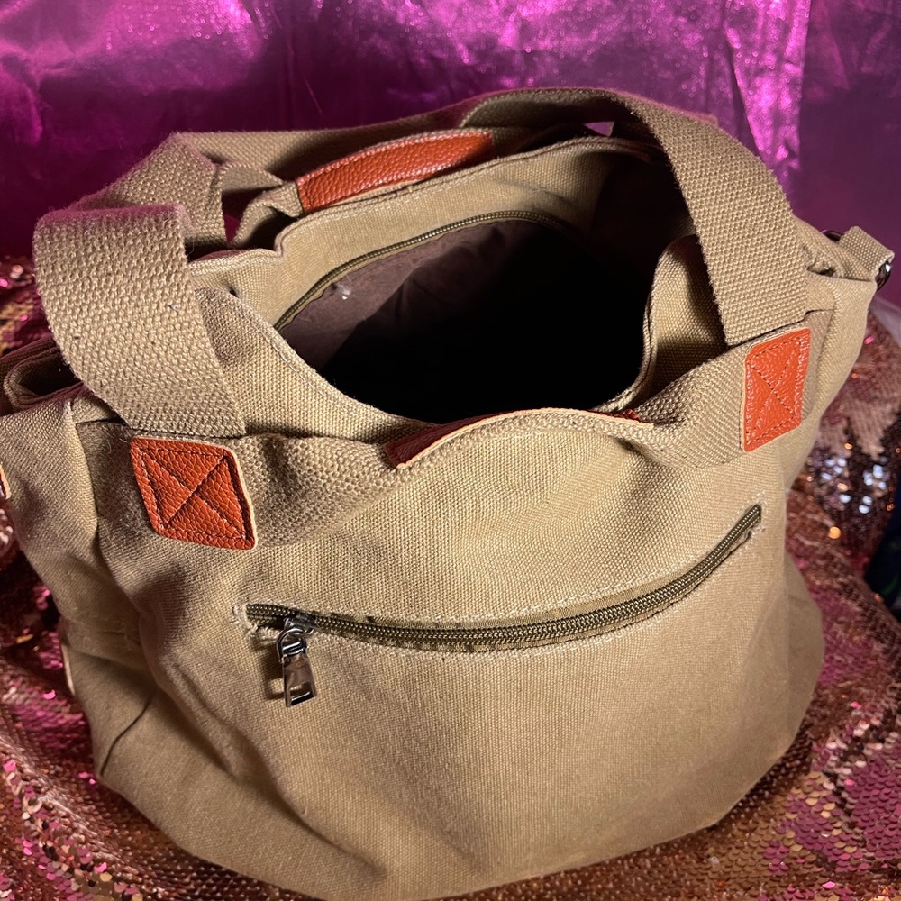 KHAKI CANVAS Womens Tote Bag /Handbag in Khaki with Leather Accents